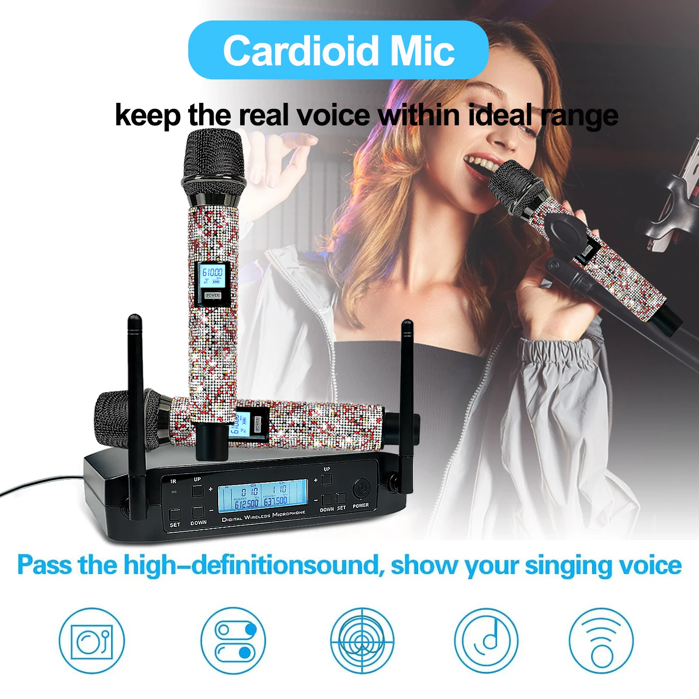 Pro Wireless Microphone System, Diamond Handheld Cordless Dynamic Microphones 2*100 Channels, 200ft for Singing, Karaoke, Church