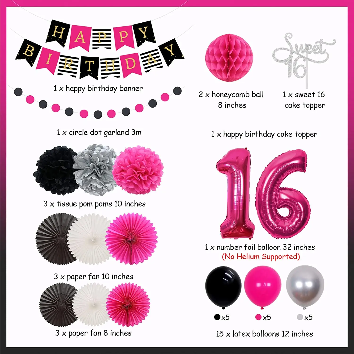 16th Birthday Decorations for Girls Hot Pink and Black Happy Birthday Bunting Banner Paper Fans Pom Poms Sweet 16 Party Supplies