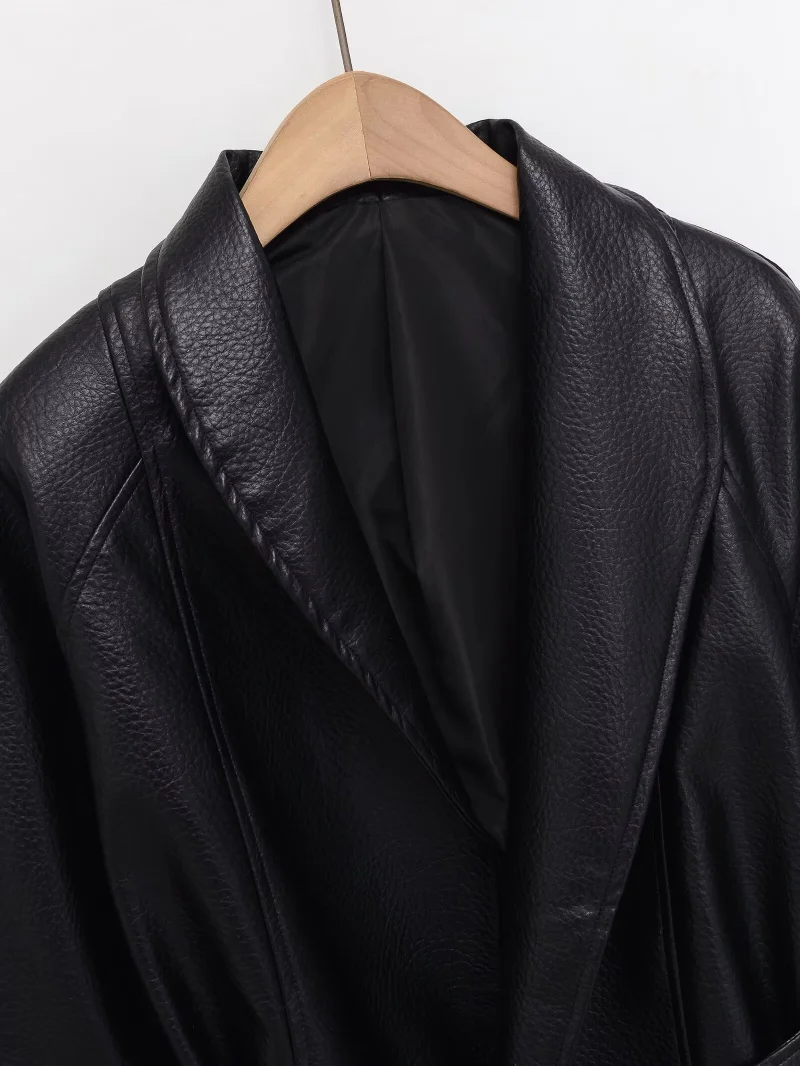 ETJ Damen PU-Leder Vintage Wickeljacke mit Gürtel, hochgeschlossener Kurzmantel, Frühjahr 2026, minimalistische Retro-Urban-Mode-Oberbekleidung – Detail 19