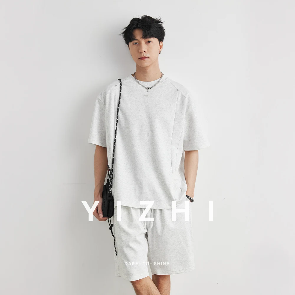 Men's Heavyweight 220g Mamba Cotton Contrast Stitch Casual T-Shirt & Shorts Set Summer 2026 Loose Minimalist 2-Piece Outfit
