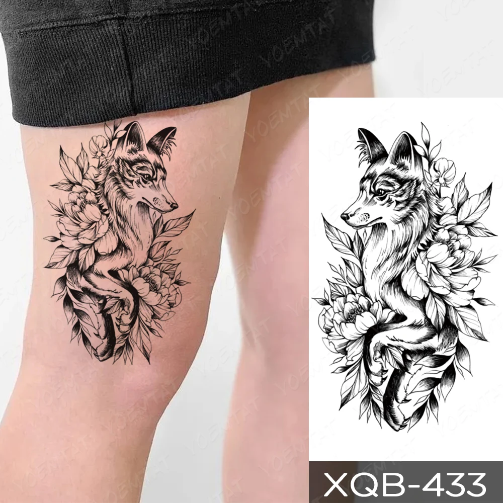 Waterproof Temporary Tattoo Stickers Fox Lion Tiger Wolf Peony Rose Flowers Leaf Flash Tatto Women Men Body Art Arm Fake Tattoos