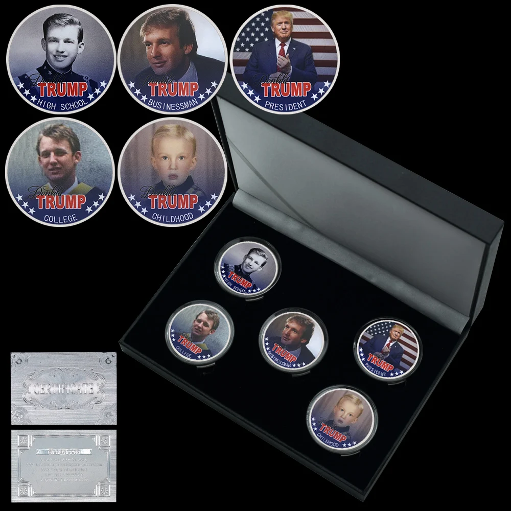 

5pcs/box Silver Plated Donald Trump Commemorative Coin 45-47th US President A Journey Through Life Collectibles Fan Gift
