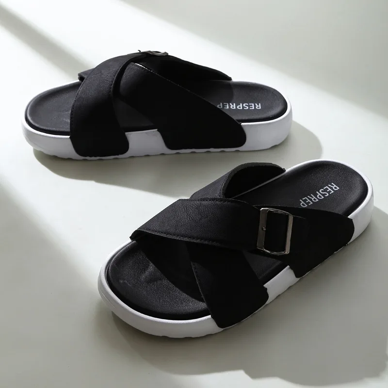 EVA fashion cool slippers men wear soft bottom non-slip one-word drag cross button men's
