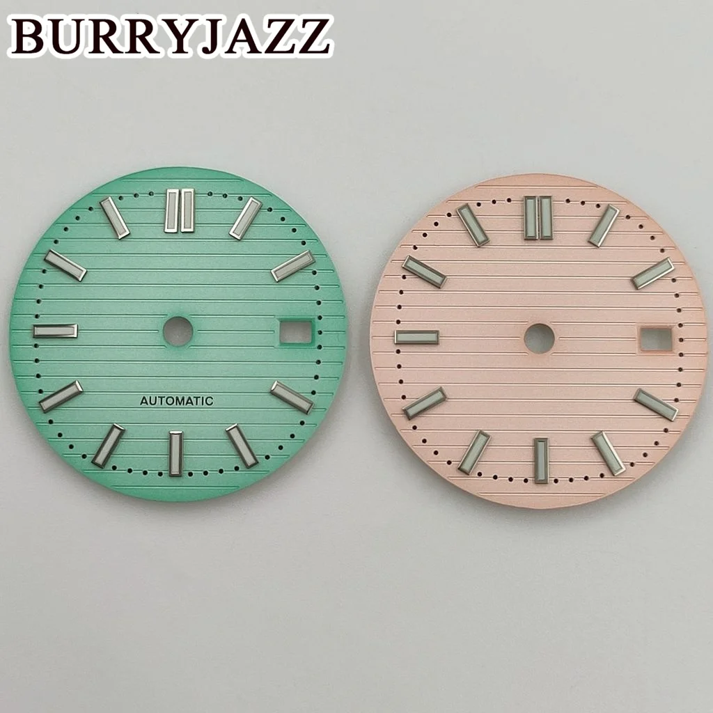 BURRYJAZZ 30.5mm No Logo NH35 Watch Dials Green Pink Dial Green Luminous Fit 3 O'clock 3.8 O'clock Case Crown