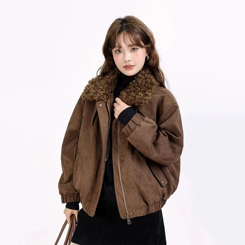Vintage Suede Velvet Crop Jacket Women Y2K Winter Thick Loose Faux Lamb Lapel Coat American Streetwear All Match Female Outwear