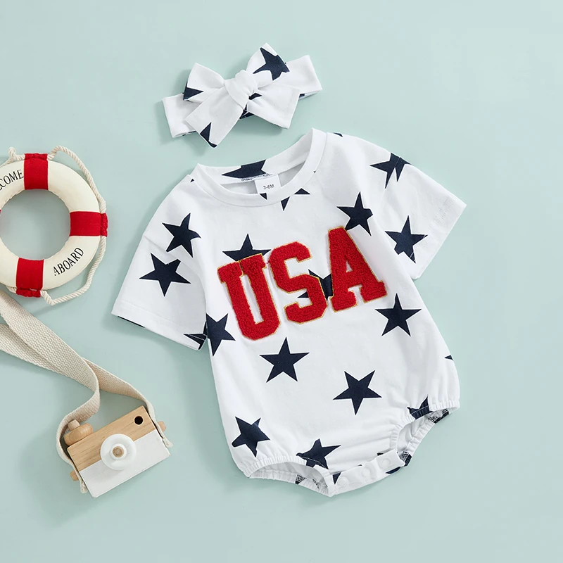 2024-04-02 lioraitiin Summer Baby Girls 4th of July Rompers Fuzzy Letter Embroidered Stars Short Sleeve Jumpsuits with Headband