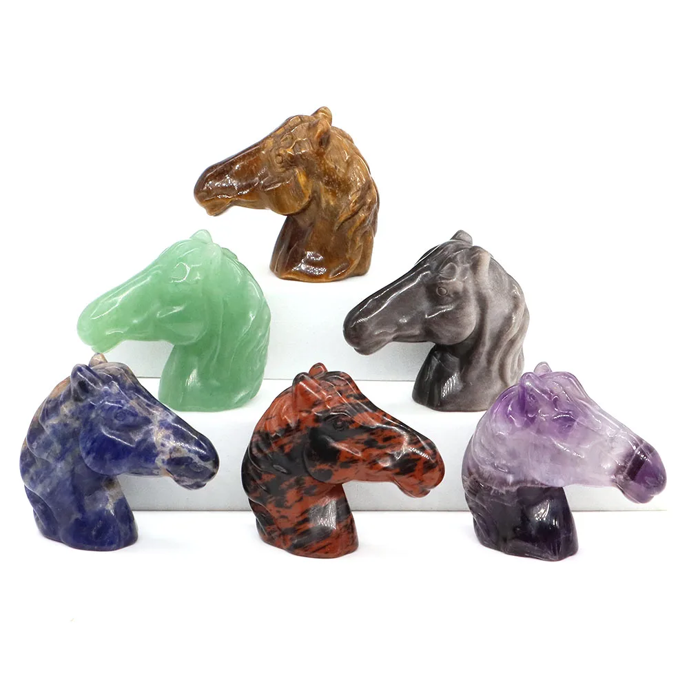 

48mm Natural Stone Horse Head Statue Healing Crystal Amethyst Rose Quartz Hand Carved Animal Figurine Gem Crafts Home Decor Gift