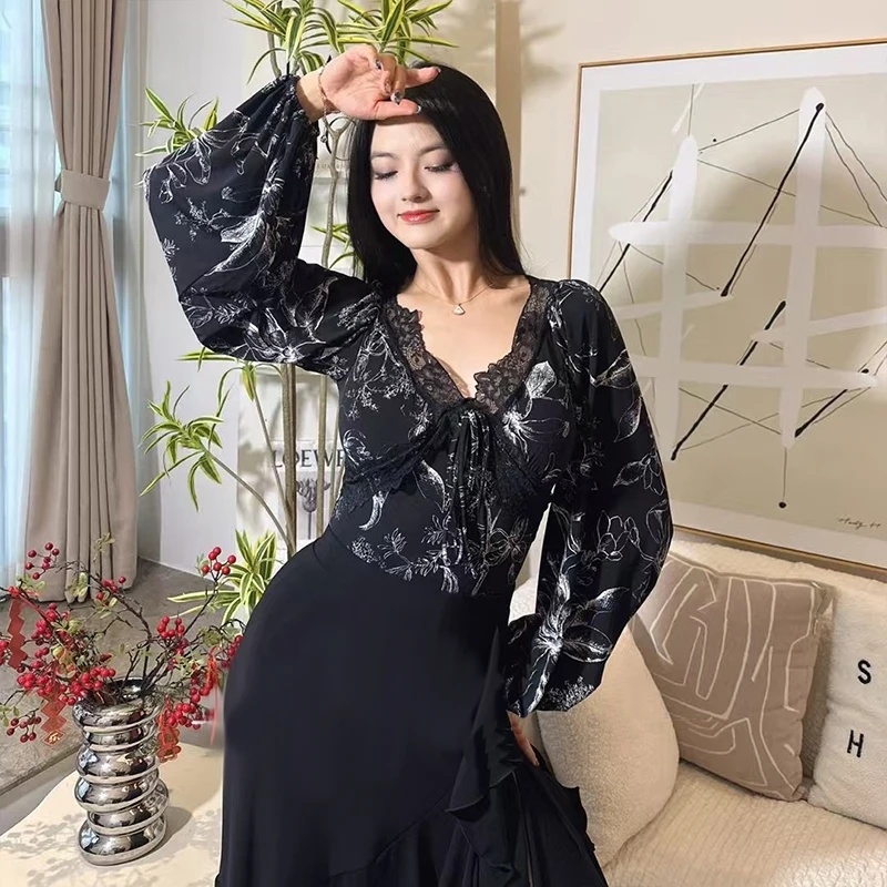 

2025 New Women V-Neck Ballroom Dance Tops Black Puff Long Sleeve Dancing Bodysuit Adult Samba Rumba Modern Dance Bodysuit XH2843