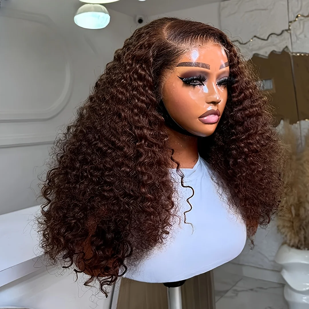 

26Inch Brown Kinky Curly Lace Front Wig 180% Density with Baby Hair Glueless 13x4 Synthetic Fiber for Women Daily Wear