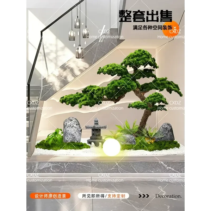 New Chinese-style simulated welcome pine tree, landscaping plants under indoor stairs, landscape entrance, window decoration,