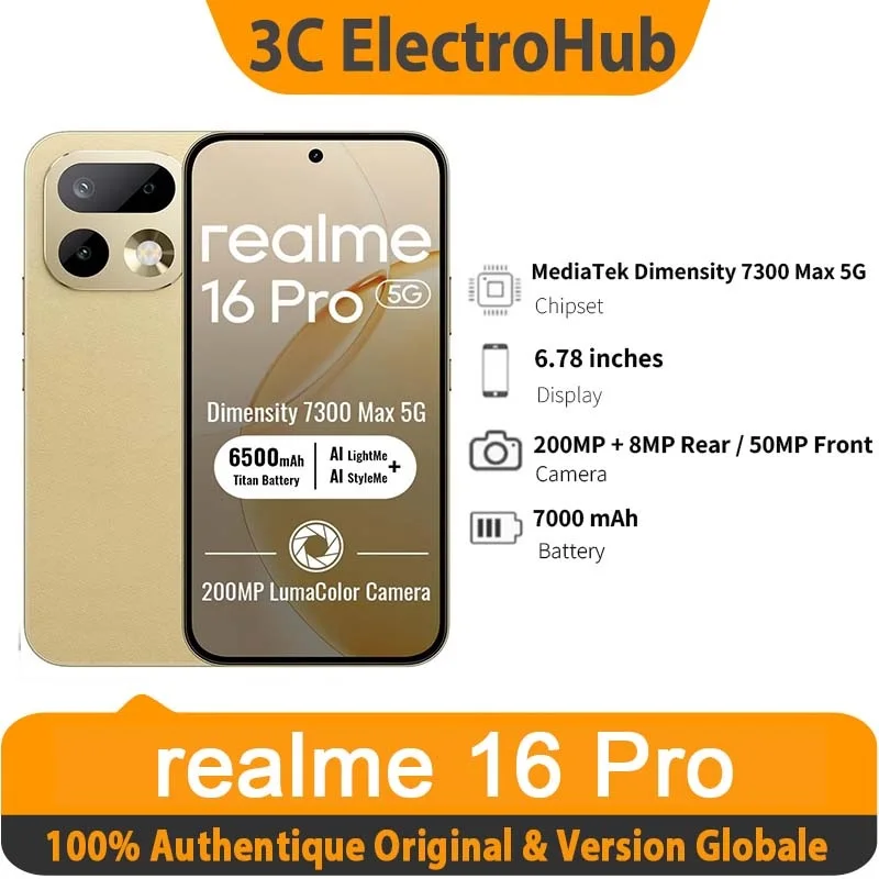 【EU Version】Realme 16 Pro 5G Smartphone 8+256GB Or, AMOLED 144Hz, 7000mAh, 80W SuperVOOC, 50+200MP, Dimensity 7300 Max, IP69