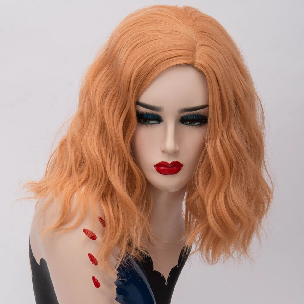 Women's Synthetic Short Wavy Orange Cosplay Wig Middle Part Line Heat Resistant Lolita for Halloween Party Daily Use
