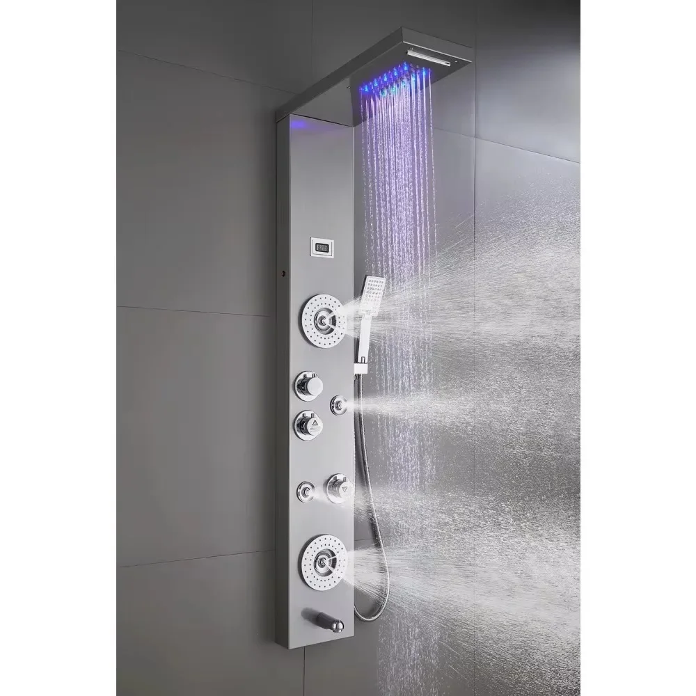 ELLO&ALLO Stainless Steel Shower Panel Tower System,LED Rainfall Waterfall Shower Head 6-Function Faucet Rain Massage