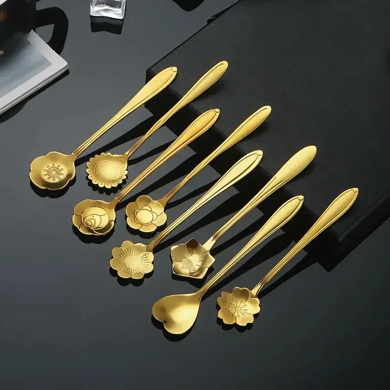 1pcs Gold Cherry Rose Flower Coffee Spoon Stainless Steel Scoop Kitchen Dessert Tea Spoon Tableware Decoration