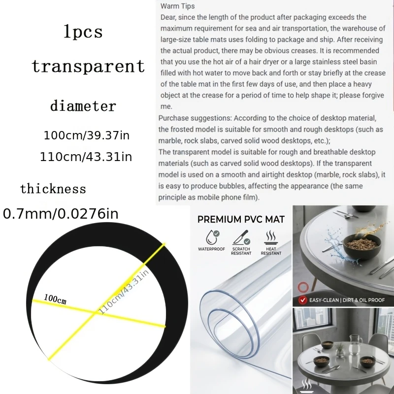 1pc 100/110cm Transparent PVC Round Table Protector Clear Plastic Dining Desk Cover Waterproof Anti-Scratch Wipe Clean Thick Pad