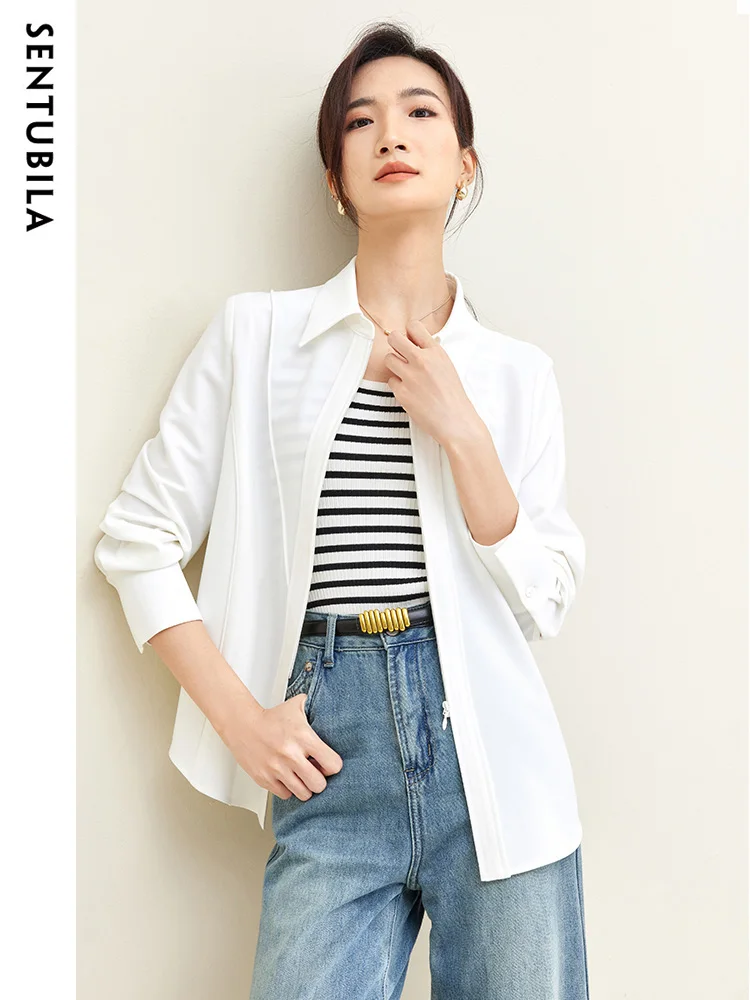 

SENTUBILA White Shirt Jacket for Women 2024 Elegant Casual Autumn Full Zipper Shacket Outerwear Office Ladies Shirts 133W50586