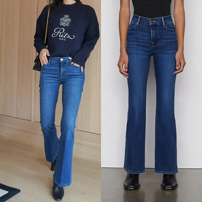 

New 2023 Women's High Waist Loose Fit Jeans Deep Blue Slimming Elastic Bell Bot Cotton Stretch Denim Pants for Ladies