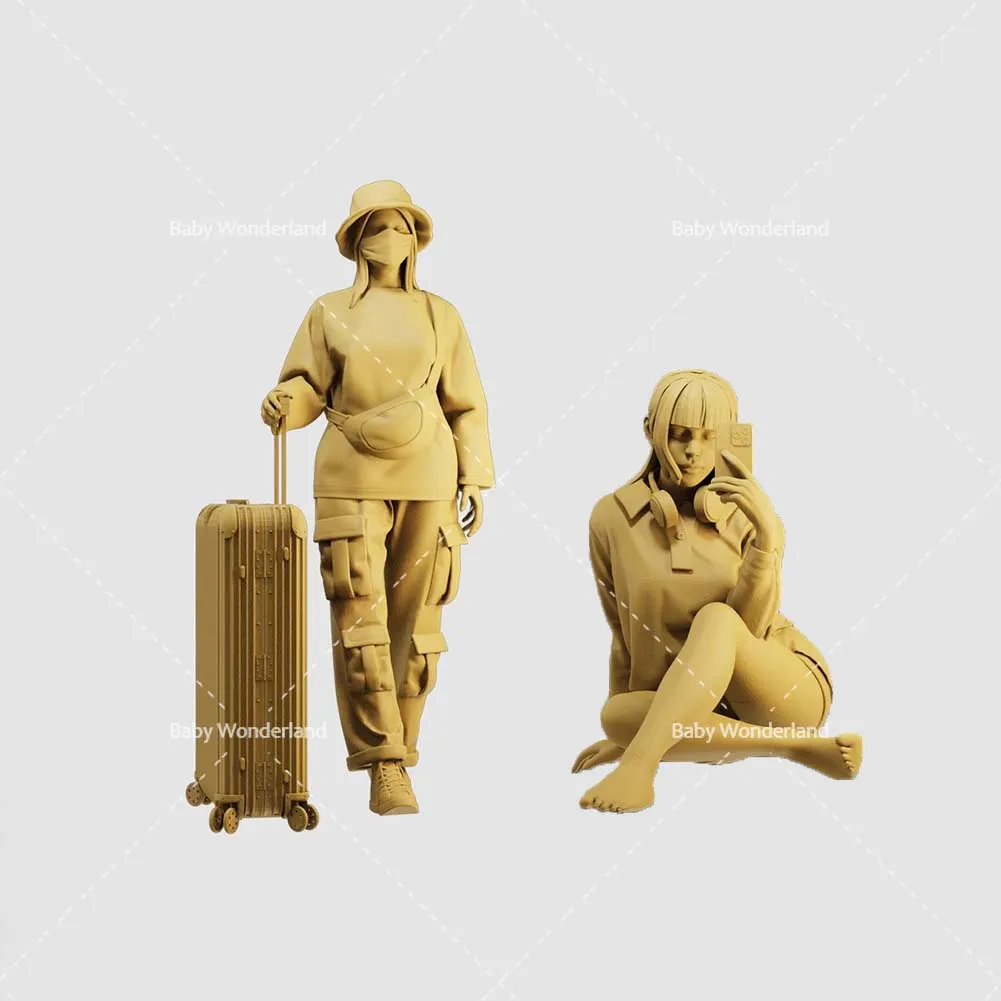 

In Stock Unpainted Miniatures 1/64 1/43 1/35 Fashionable girl taking photos pulling luggage Dolls Model Creative Scene Prop Toys