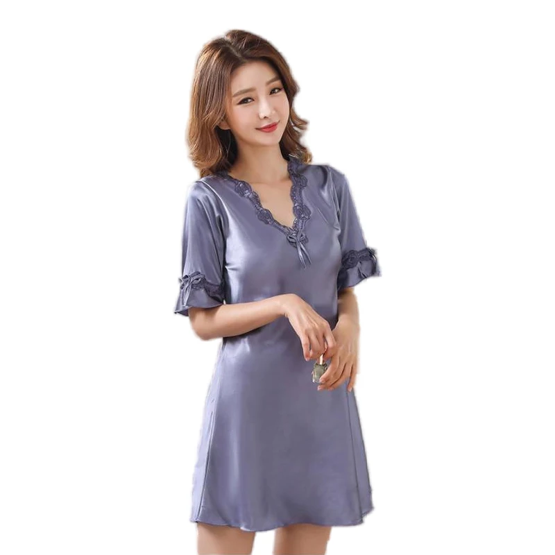 Summer New Silky Satin Women Nightgown Sleepwear Casual Night Dress New Arrival Shirt Sexy Nightshirt Female Sexy Home Dress