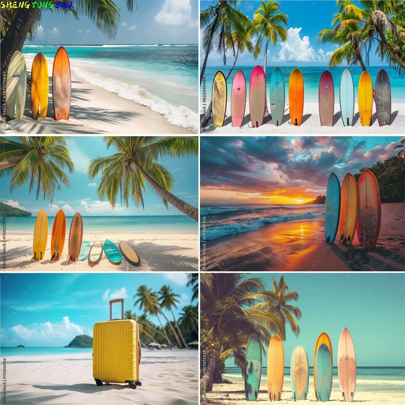 

Colorful Surfboard Palm Trees White Sand Blue Water Summer Beautiful Tropical Beach And Sea Landscape Photo Background FN-02