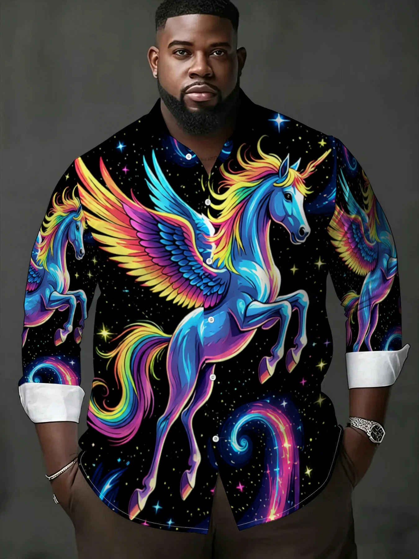 Men Long-Sleeve Button-Down Shirt Black Galaxy Rainbow Winged Unicorn Print Polyester Lapel Collar Party Top