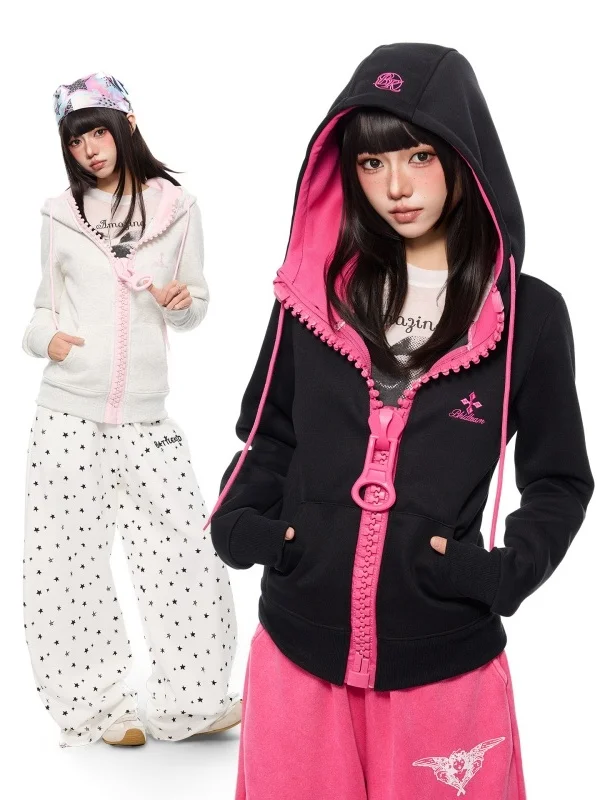 Extra Large Zipper American Retro Color Block Short Hoodie Women's Autumn Winter Light down Jacket Zipper Open Cardigan Coat