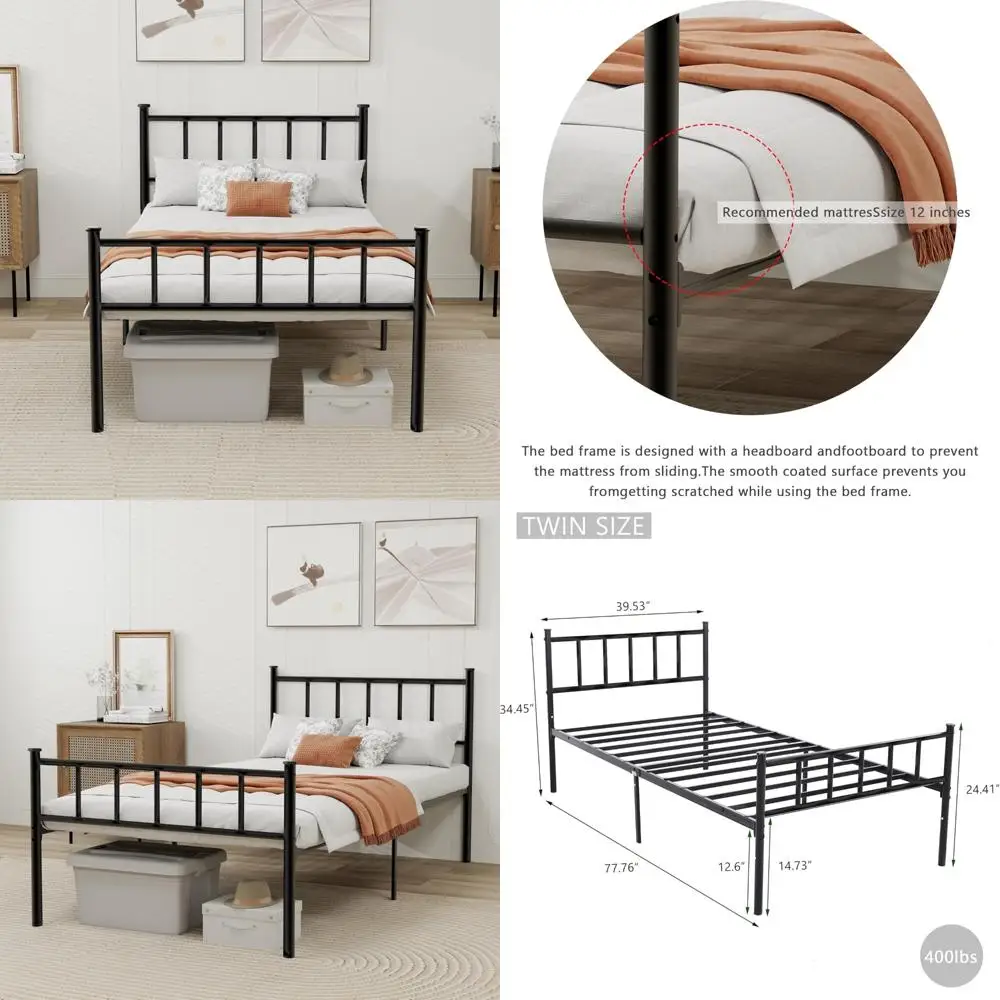 Sturdy Metal Twin Bed Frame with Headboard, Steel Slat Support, No Box Spring Needed, Easy Assembly, Black Finish