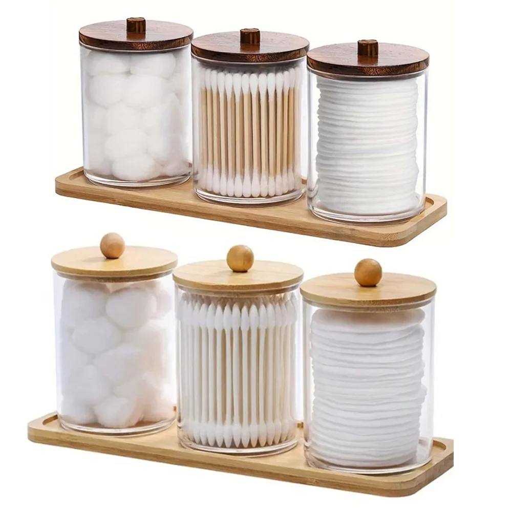 3Pcs Holder Dispenser with Bamboo Lids Clear Acrylic Bathroom Jars with Tray Cotton Swab Storage Dispenser Reusable