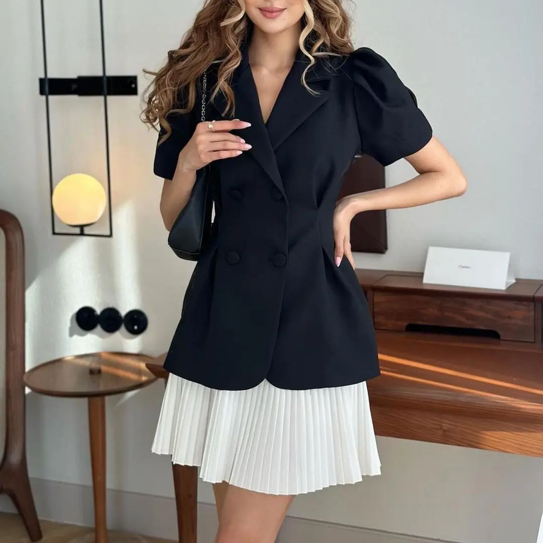 

Vintage Black Short Sleeves V Neck Prom Dresses Pleated Two Pieces Formal Party Dress Special Occasion Dress