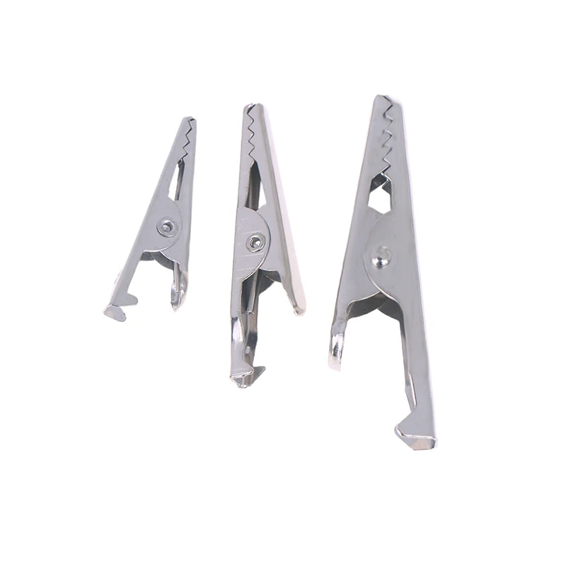 50 Uds. Mini pinzas de cocodrilo de hierro niquelado Mini pinza de cocodrilo de Metal plateado tamaño 28/35/45mm para prueba eléctrica de batería