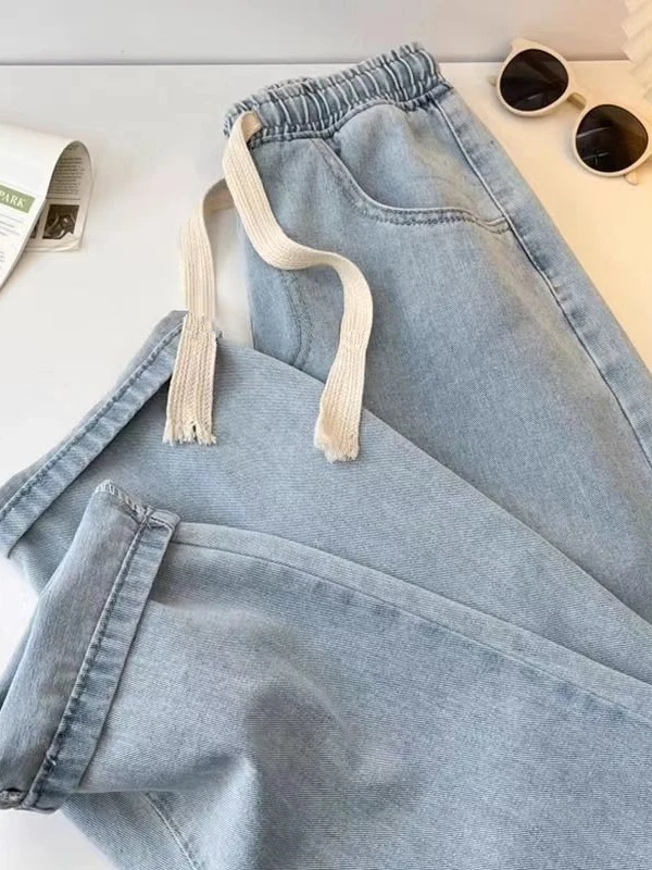 Thickened Fleece Straight Leg Jeans Women Winter New Small Size Wide Leg Cotton Elastic Waist Autumn Winter Pants