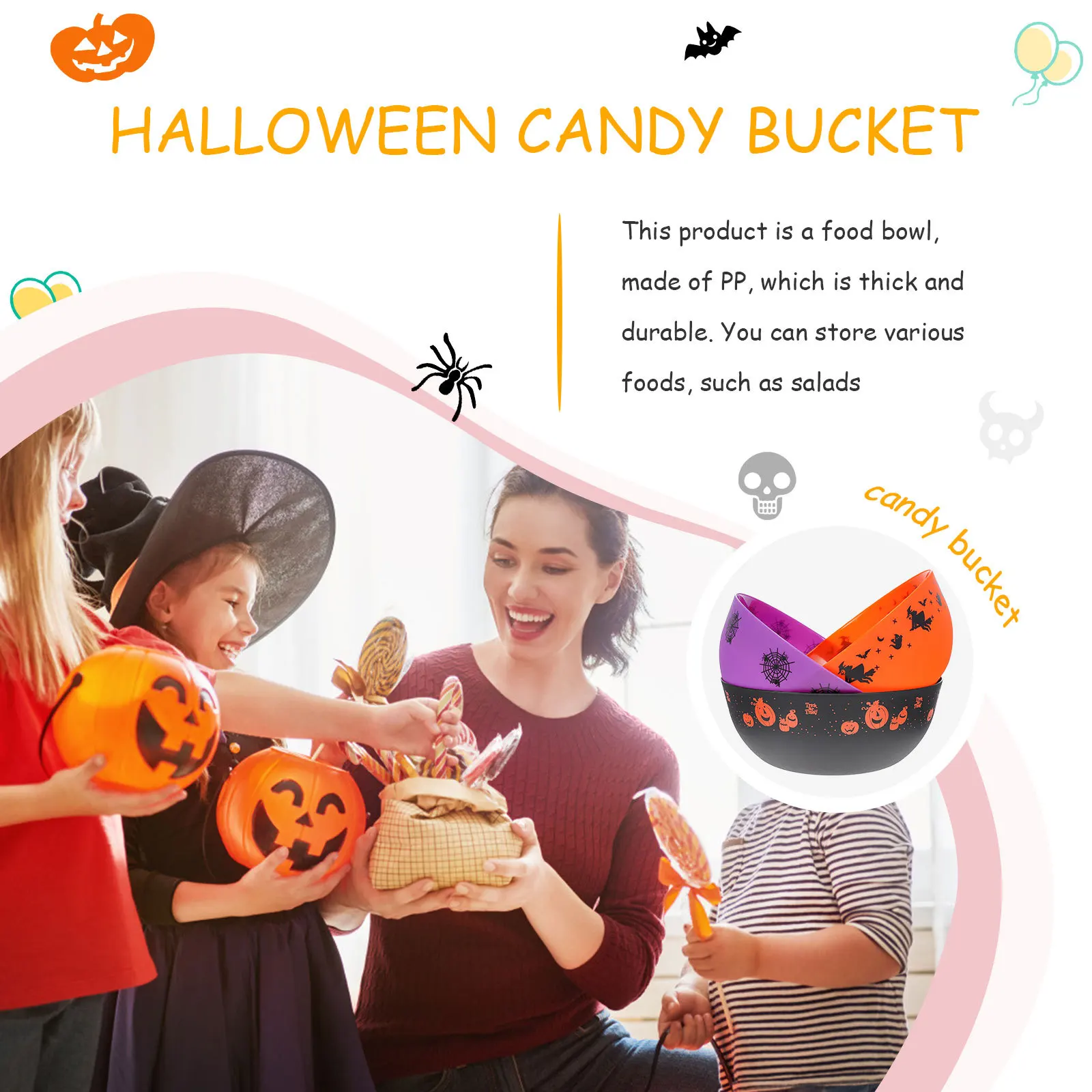 

3pcs Pumpkin Candy Bowls Halloween Salad Fruit Food Holder Kitchen Supply Assorted Colors Party Home Use Bpa Free Pp Material