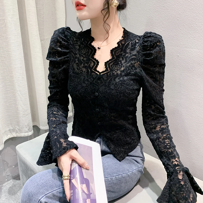 MadBlack European Clothing Tshirt Women V Necks Padded Slim Lace Tops Long Puff Sleeve Tees Autumn Winter T30019JC