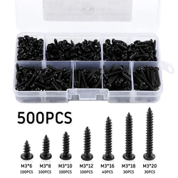 500pcs M3 Screws Black Self Tapping Screws Pan Head Cross Self Drilling Wood Screw Assortment Kit 6/8/10/12/16/18/20mm Carbon