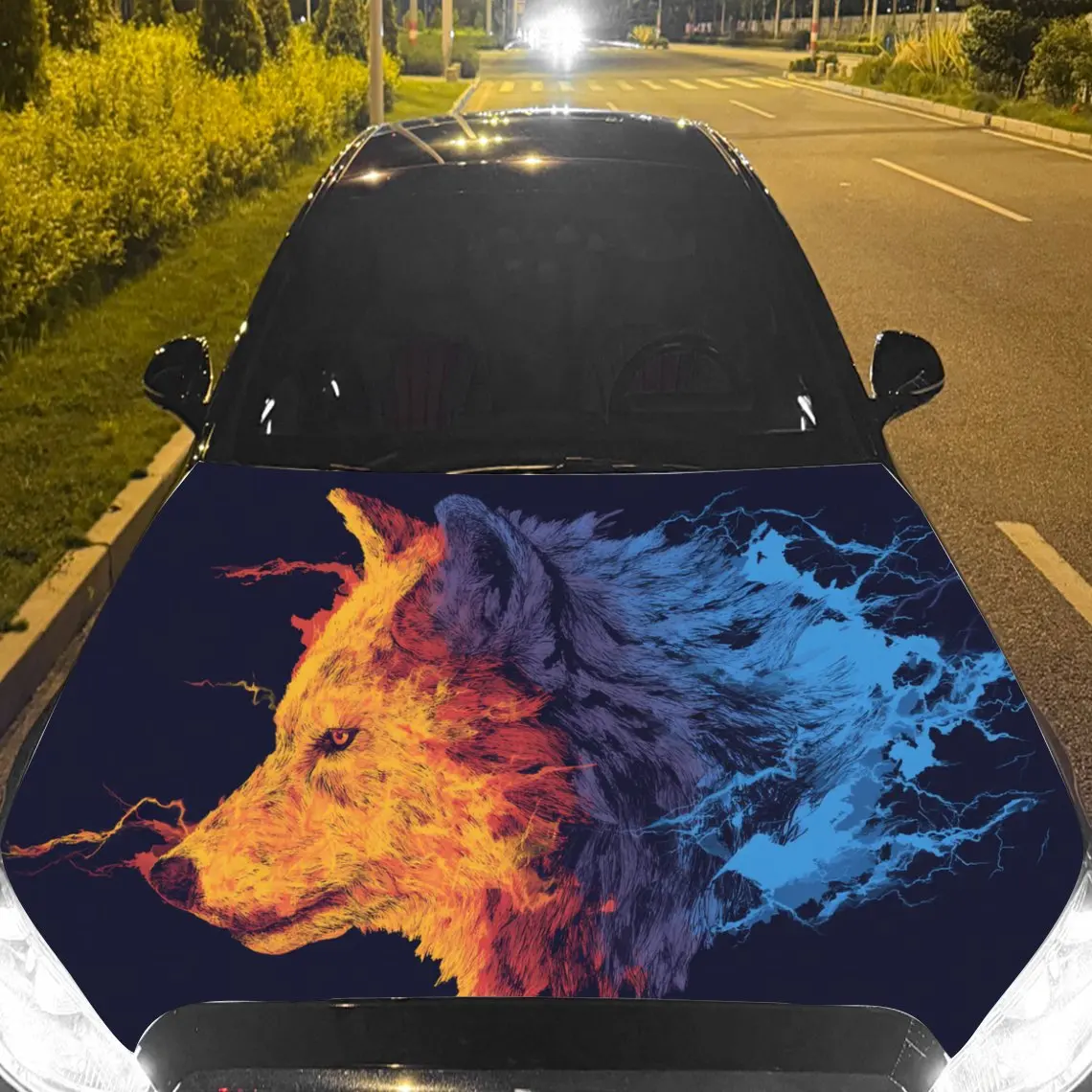 

Car Decal Orange and Blue Wolf with Dynamic Flame-Like Artistic Background & Edgy-Mystic Aesthetic Car Hood Sticker, Waterproof