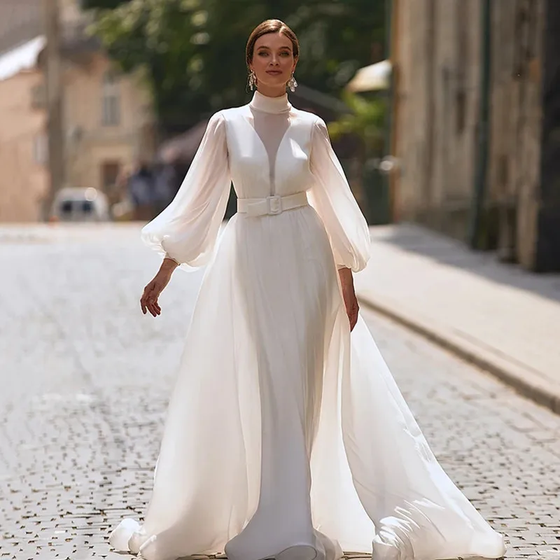 Elegante abito da sposa a maniche lunghe a sirena 2024 Chiffon semplice collo alto abito da sposa semplice aperto indietro Sweep Train Vestido de Novia