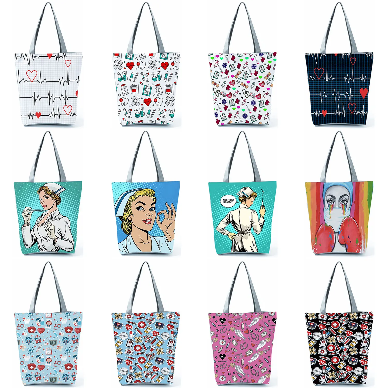 Moda tote personalizado dos desenhos animados dentista enfermeira bolsa de ombro eco reutilizável sacola de compras senhoras bolsas para mulheres