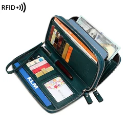 RFID Block Resistant Multifunctional Women's Purse, Retro Large Capacity Clutch Bag, Double Zipper, Long Purse with Wrist Strap