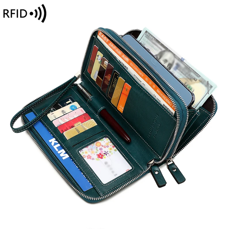 RFID Block Resistant Multifunctional Women's Purse, Retro Large Capacity Clutch Bag, Double Zipper, Long Purse with Wrist Strap
