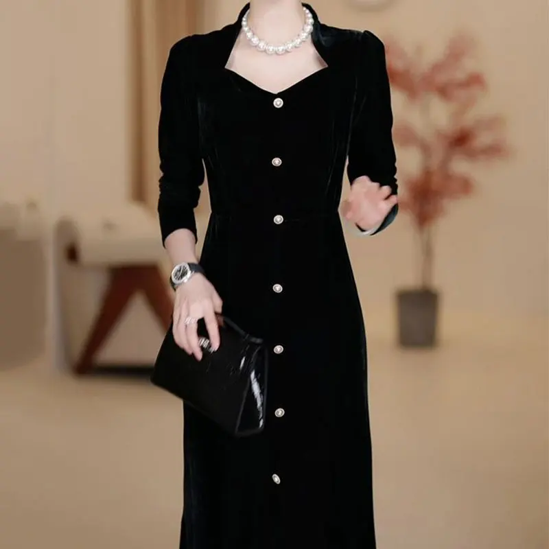 Female Clothing Bag Hip Vintage Long Dress Elegant Square Collar Autumn Winter A-Line Waist Stylish Button Slim Flocking Dresses