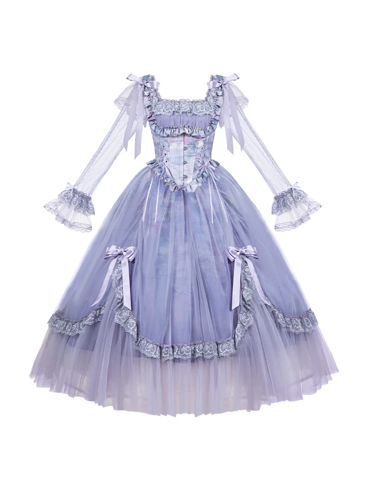 فستان بأكمام طويلة ورقبة مربعة مع حاشية مرفوعة OP فستان عتيق على شكل هيكل السمكة أنيق أرجواني طويل LO للنساء