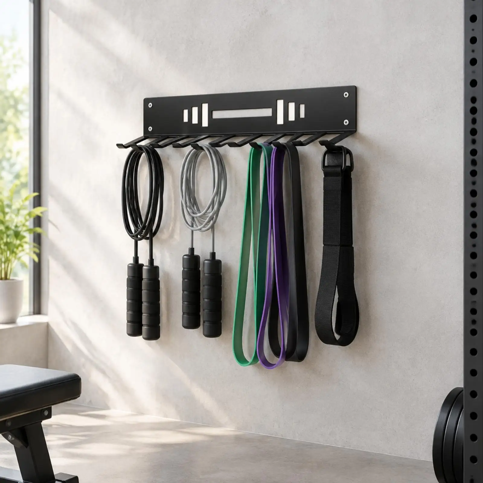 Steel Wall Mounted Fitness Equipment Hanging Rack with Sturdy Hooks for Barbell Lifting Belt Jump Rope Band Storage in Small