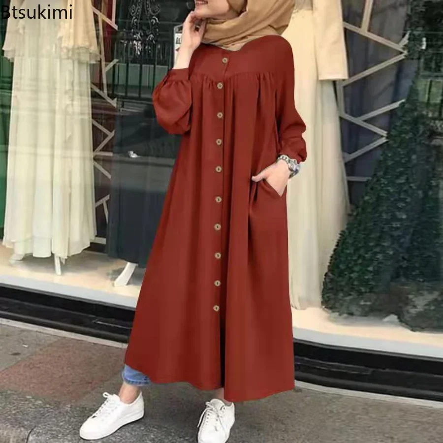 Vestido musulmán informal de talla grande 4XL 5XL para mujer, vestido camisero liso de manga larga con botones, bata con bolsillo, Abayas para