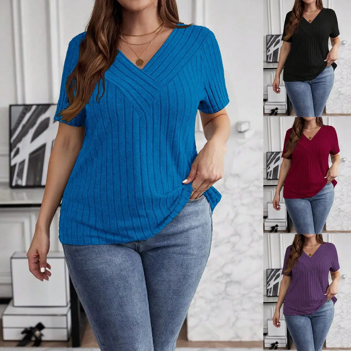 

Женская одежда больших размеров: свободный топ с длинным рукавом и V-образным вырезом из полиэстера для активного отдыха и повседневной носки