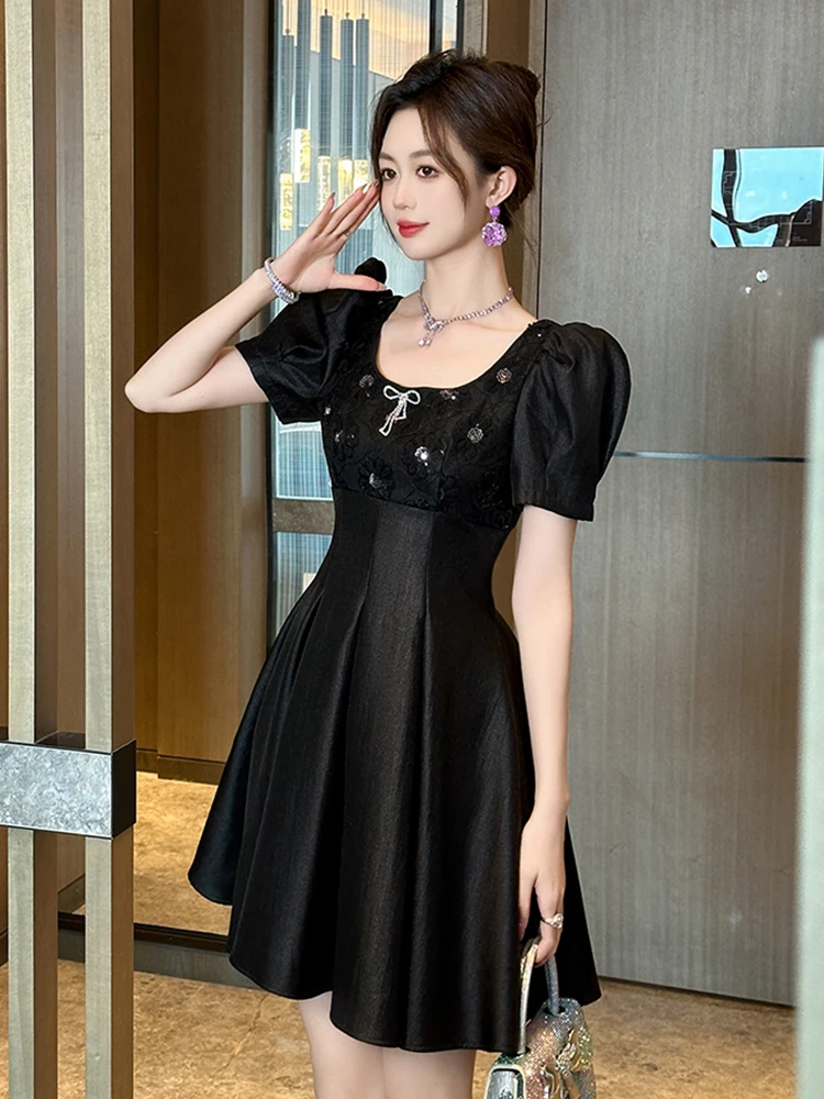 Quality French Evening Dress Women Clothes Exquisite Sweet Black Sequin Flowers Short Robe Lady Party Club Prom Vestidos Mujer