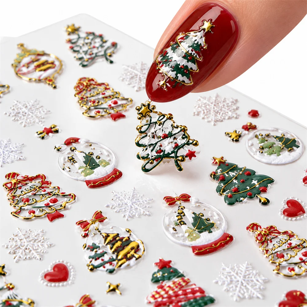 1Pc Gold Snowflake Christmas Nail Art Stickers 5D Embossed Self Adhesive Xmas Decals Sliders for Winter Acrylic UV Gel Nails