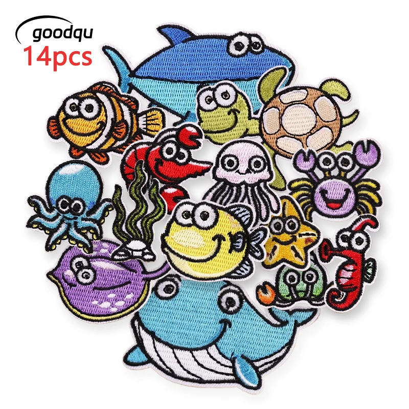 14 Teile/los Meerestiere Patches Für Kleidung Kinder Eisen Auf Gestickte Groß Anime Stoffe Nähen Jacken Nette Pack Diy Parche – Detail 1