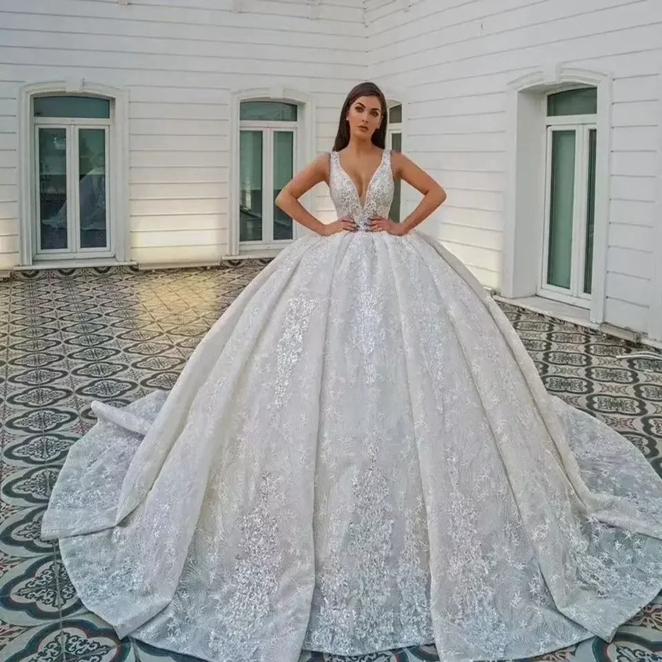 

Flavinke бальное платье с блестками и аппликацией, свадебные платья 2026, без рукавов, с открытой спиной, со шлейфом, тюлевые свадебные платья для женщин