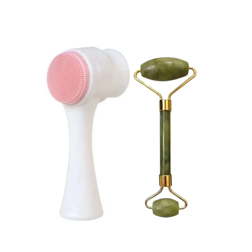 

Hot Sale Set Face Jade Roller & Double Silicone Facial Cleansing Brush Facial Brush Jade Roller for Massage Makeup Tool