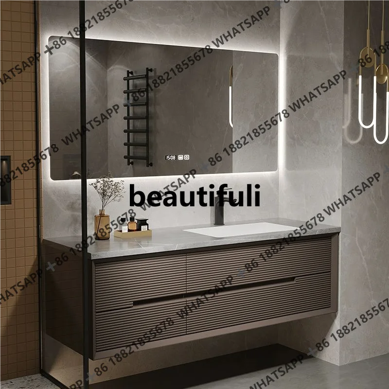 Modern Streamlined Look Sleek Bathroom Furniture Set With Intelligent Bathroom Vanity Seamless Stone Slab Ceramic Basin